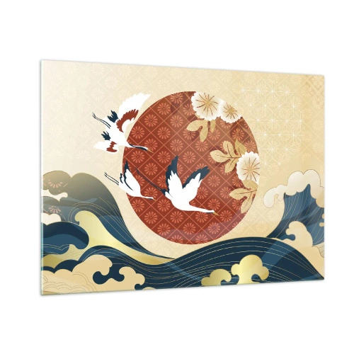 Impression sur verre - Image sur verre - Grues japonaises au-dessus des vagues sur un cercle rouge - 100x70cm - Conte japonnais - Décoration murale moderne pour le salon et la chambre ARTTOR