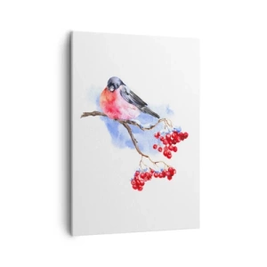 Impression sur toile - Image sur toile - Oiseau sur une branche avec des fruits rouges sur fond aquarelle - 50x70cm - L'hiver en couleurs - Décoration murale moderne pour le salon et la chambre ARTTOR