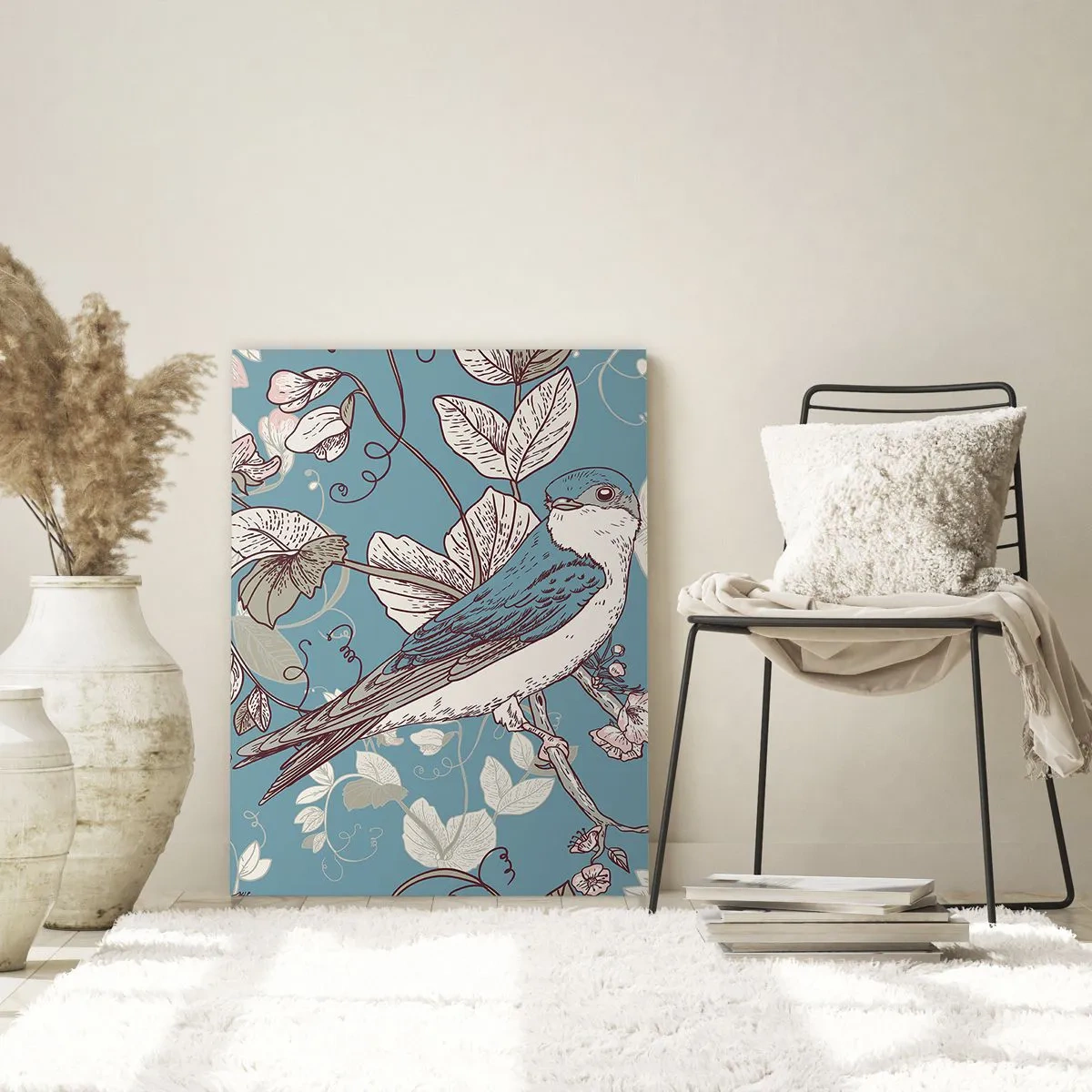 Impression sur verre - Image sur verre - Un oiseau sur une branche dans un style floral délicat - 70x100cm - Dans le bois blanc du rouge et de l'argent - Décoration murale moderne pour le salon et la chambre ARTTOR