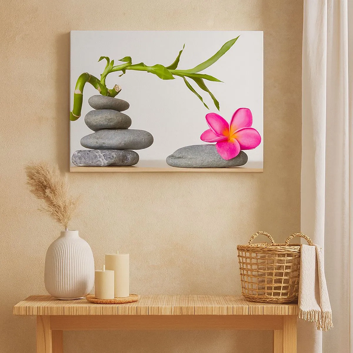 Impression sur toile - Image sur toile - Bambou et fleur rose sur pierres de style zen - 70x50cm - Couleurs de la vie et de la durée - Décoration murale moderne pour le salon et la chambre ARTTOR
