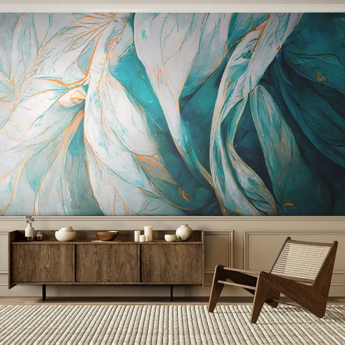 Papier Peint Photo Premium Canvas - Abstraction bleue avec un motif doré - Morceau, Art Déco, Subtil - 250x175 cm