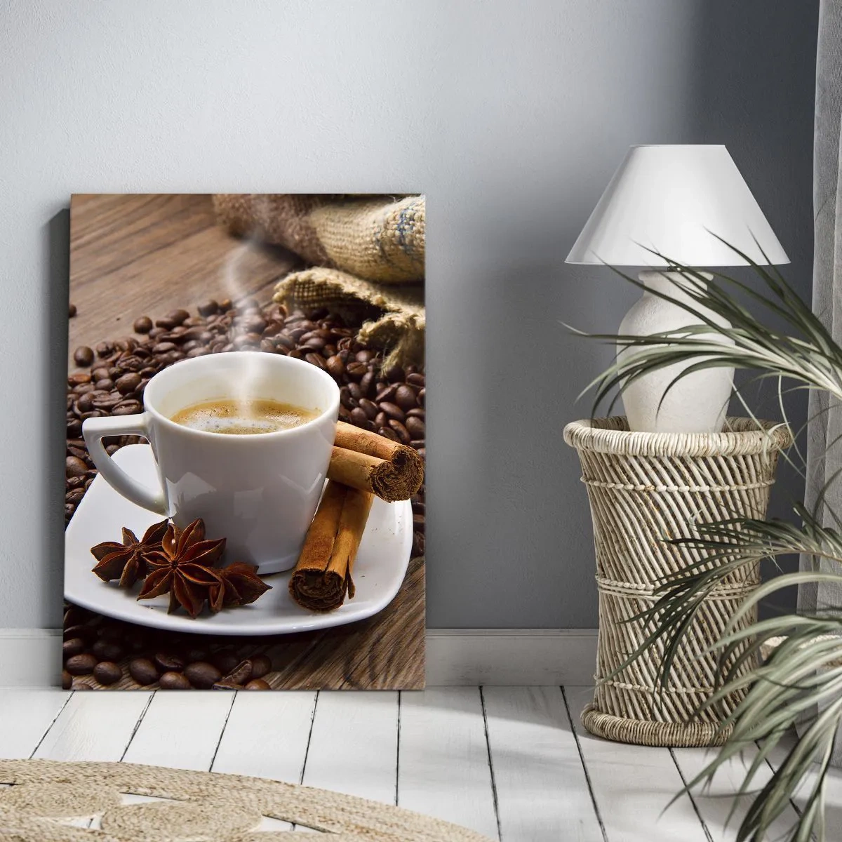 Impression sur toile - Image sur toile - Une tasse de café à la cannelle et à l'anis sur un fond de grains de café - 70x100cm - Saveur et arôme épicés - Décoration murale moderne pour le salon et la chambre ARTTOR