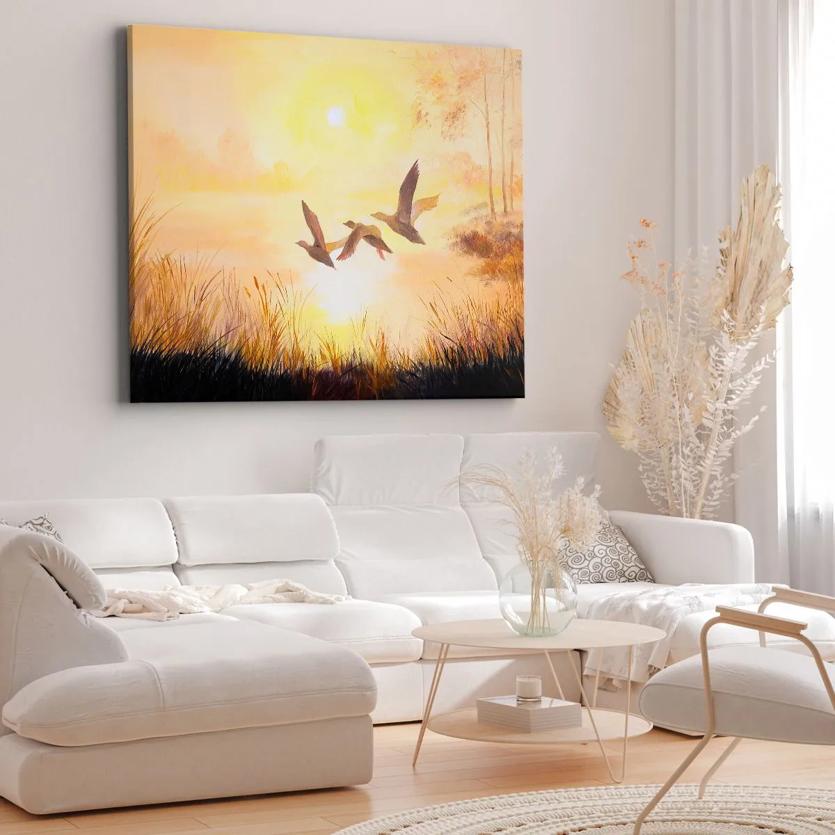 Impression sur toile - Image sur toile - Canards volant au lever du soleil au-dessus du lac - 100x70cm - Le début d'un long voyage - Décoration murale moderne pour le salon et la chambre ARTTOR