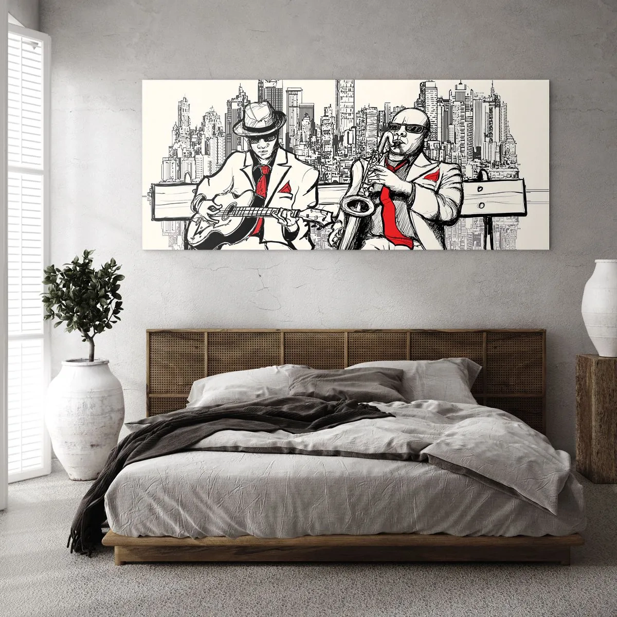 Impression sur verre - Image sur verre - Un duo de jazz avec saxophone et guitare sur fond de ville - 160x50cm - improvisation new-yorkaise - Décoration murale moderne pour le salon et la chambre ARTTOR