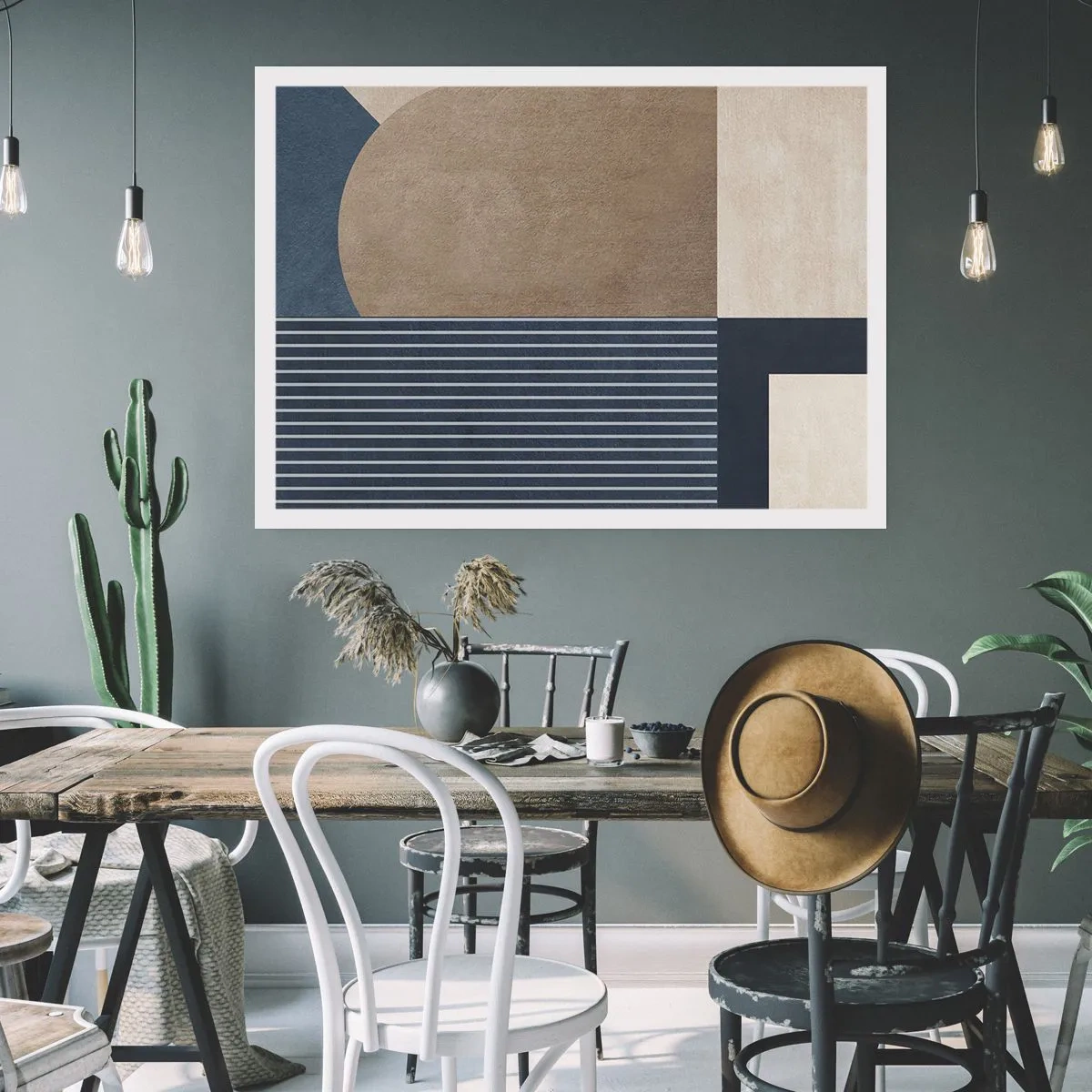 Affiche - Poster - Figures géométriques dans les tons beige et bleu marine avec des lignes - 100x70cm - Composition simple et en rondeur - Décoration murale moderne pour le salon et la chambre ARTTOR