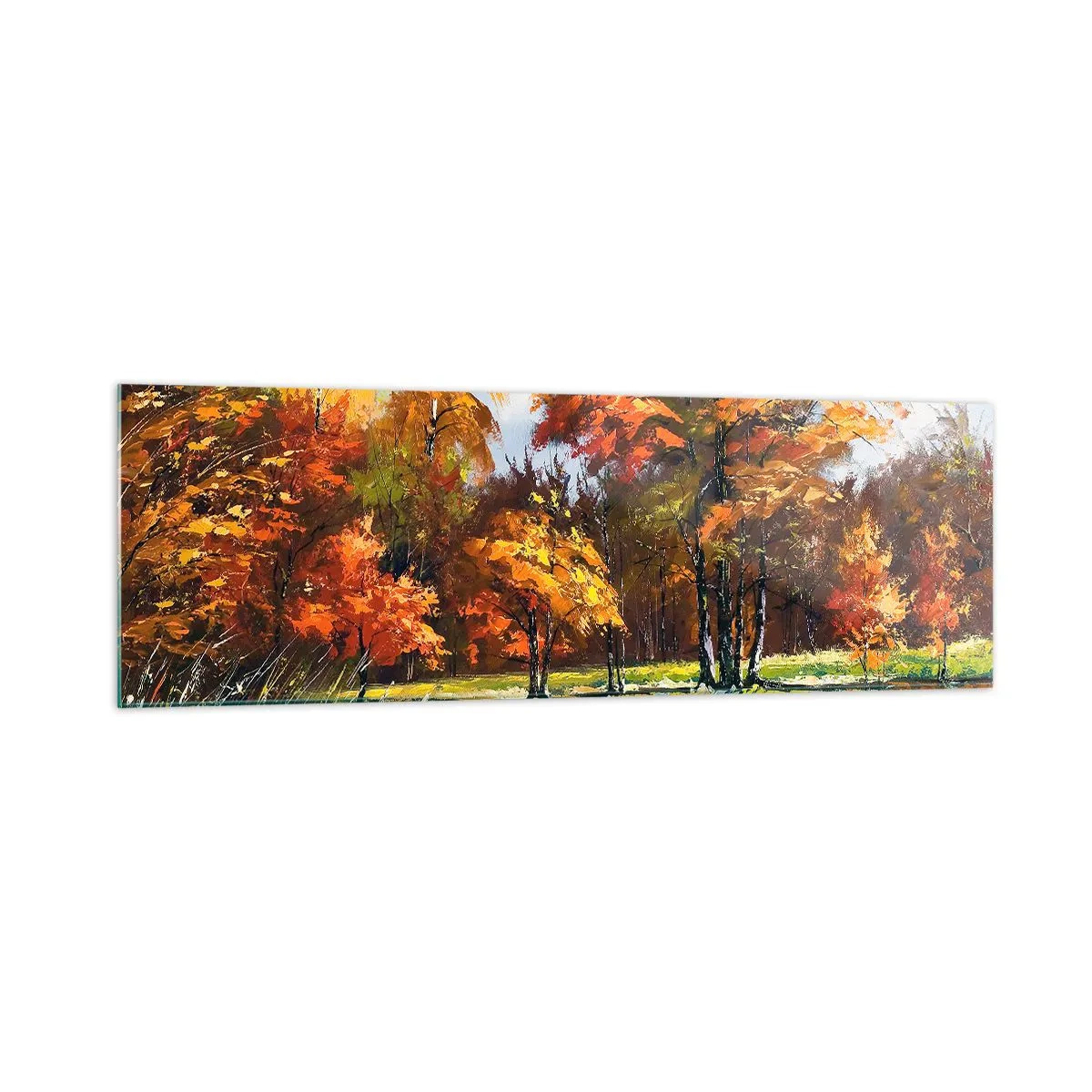 Impression sur verre - Image sur verre - Paysage d'automne avec des arbres colorés et un étang - 160x50cm - Paysage en or et bronze - Décoration murale moderne pour le salon et la chambre ARTTOR
