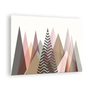 Impression sur verre - Image sur verre - Montagnes pastel géométriques avec un motif central - 70x50cm - Vue pyramidale - Décoration murale moderne pour le salon et la chambre ARTTOR