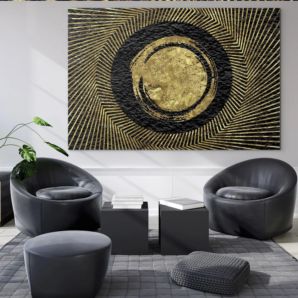 Impression sur verre - Image sur verre - Cercle doré avec des rayons sur fond noir dans un style glamour - 70x50cm - Composition glamour - Décoration murale moderne pour le salon et la chambre ARTTOR