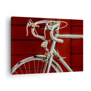 Impression sur toile - Image sur toile - Un vélo vintage contre un mur en bois rouge - 70x50cm - Construit pour la victoire - Décoration murale moderne pour le salon et la chambre ARTTOR