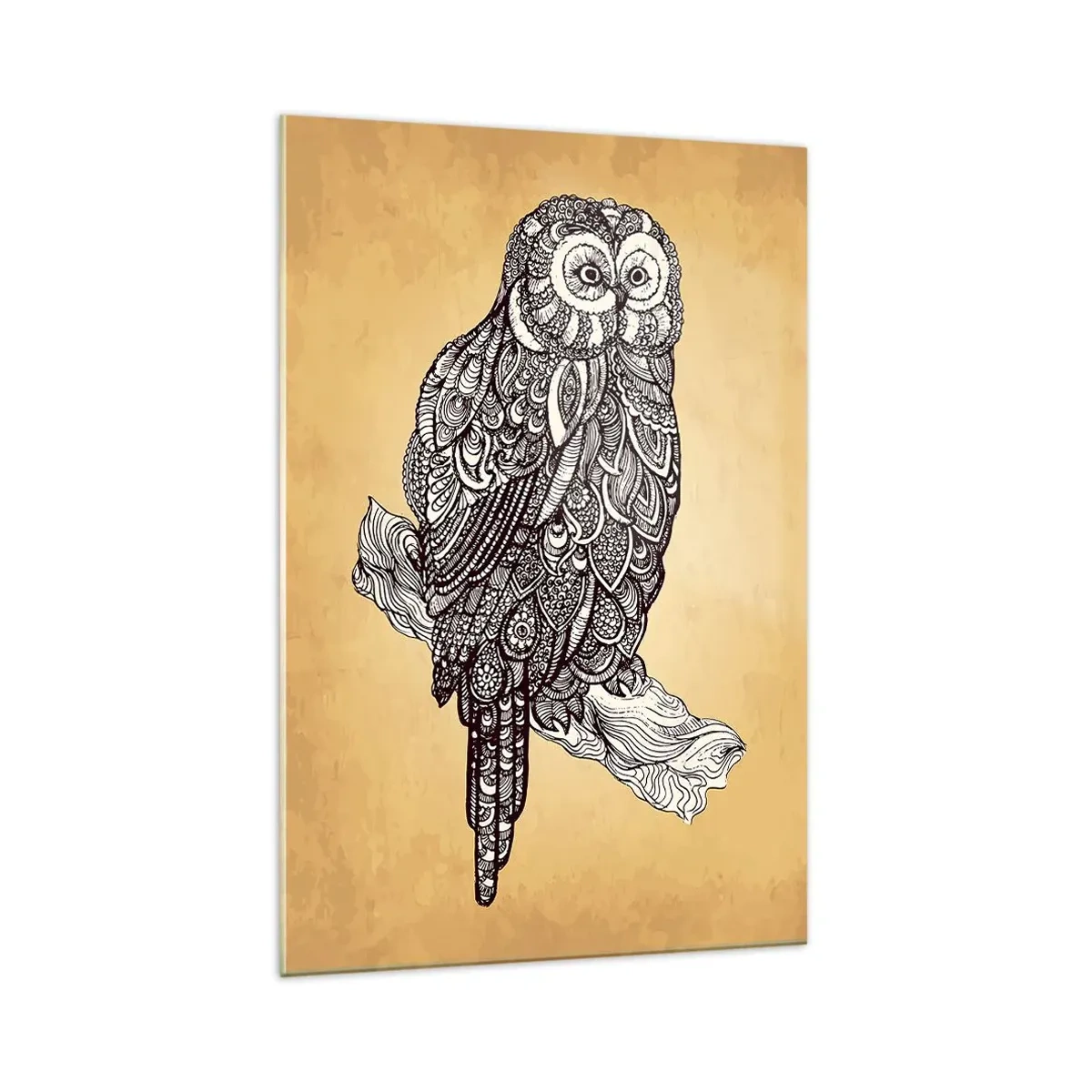 Impression sur verre - Image sur verre - Un hibou de style ornemental sur fond beige - 70x100cm - Ornements complexes de sagesse - Décoration murale moderne pour le salon et la chambre ARTTOR