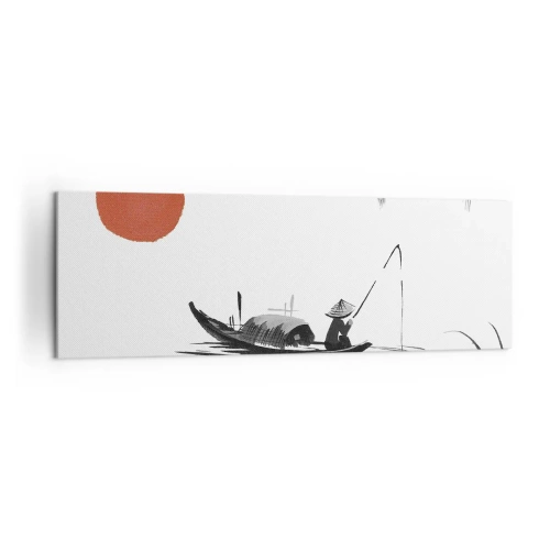 Impression sur toile - Image sur toile - Paysage oriental avec un pêcheur sur un bateau et un soleil rouge - 160x50cm - Après-midi asiatique - Décoration murale moderne pour le salon et la chambre ARTTOR