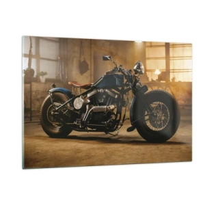 Impression sur verre - Image sur verre - Prise de vue atmosphérique d'une moto classique dans un garage - 120x80cm - Je peux tout - Décoration murale moderne pour le salon et la chambre ARTTOR