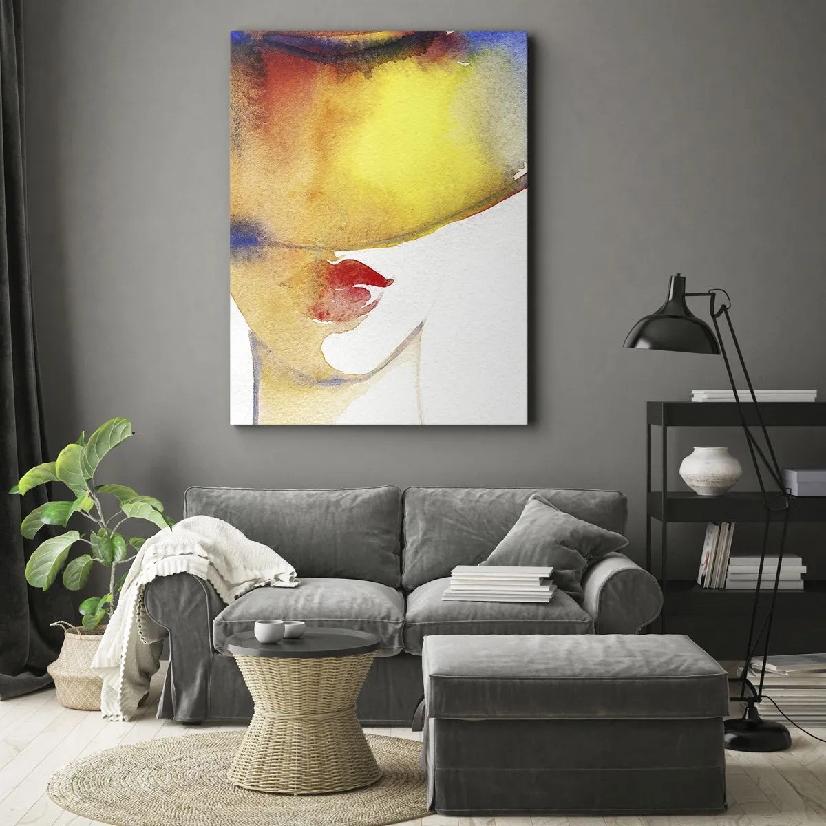Impression sur toile - Image sur toile - Une aquarelle minimaliste du profil d'une femme avec un chapeau coloré. - 80x120cm - Portrait d'une dame - Décoration murale moderne pour le salon et la chambre ARTTOR