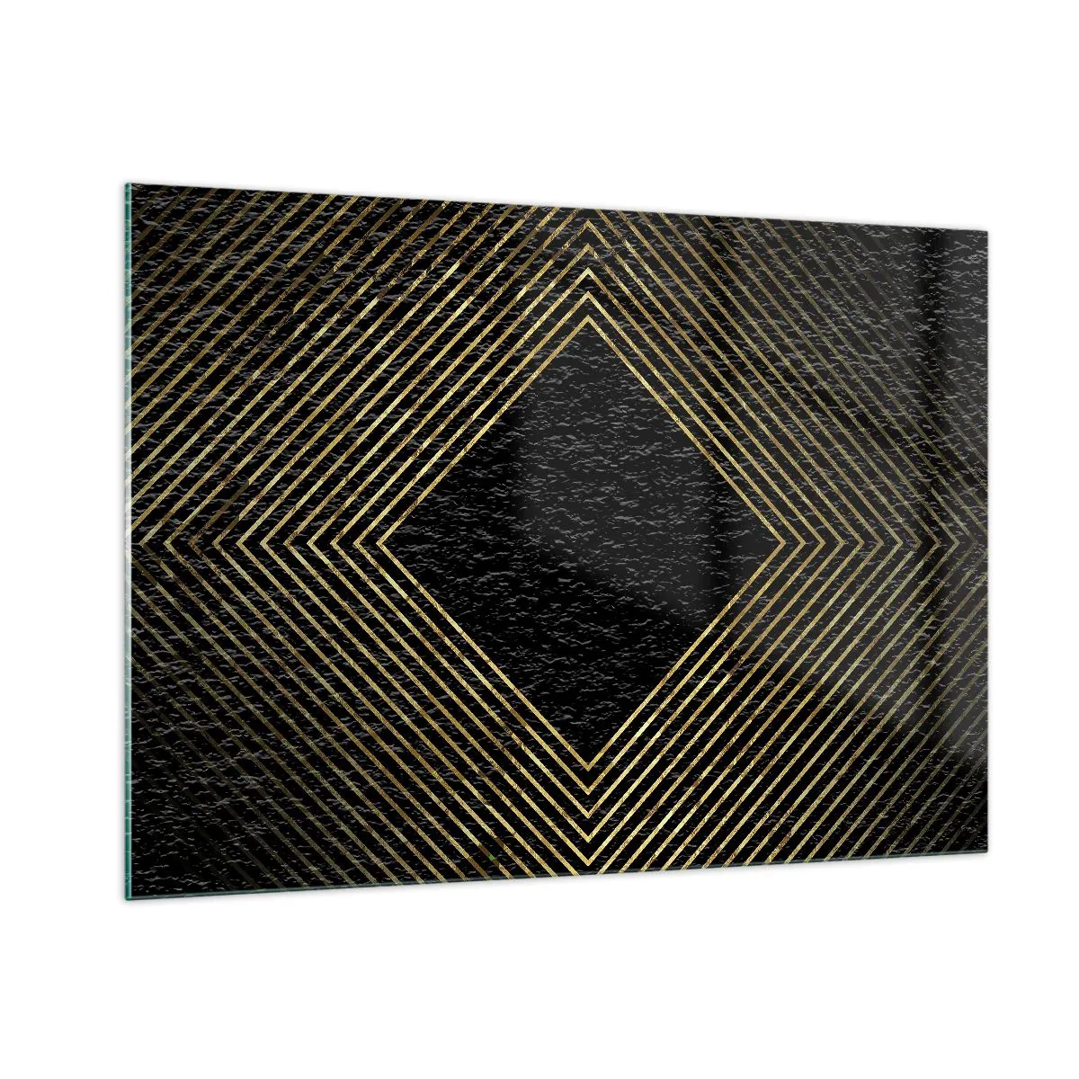 Impression sur verre - Image sur verre - Diamant en or avec des lignes géométriques sur fond noir - 100x70cm - Géométrie dans un style glamour - Décoration murale moderne pour le salon et la chambre ARTTOR