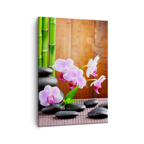 Impression sur toile - Image sur toile - Bambou de style zen, pierres et orchidées roses sur fond de bois - 50x70cm - Rencontrez les plaisirs de l'est - Décoration murale moderne pour le salon et la chambre ARTTOR