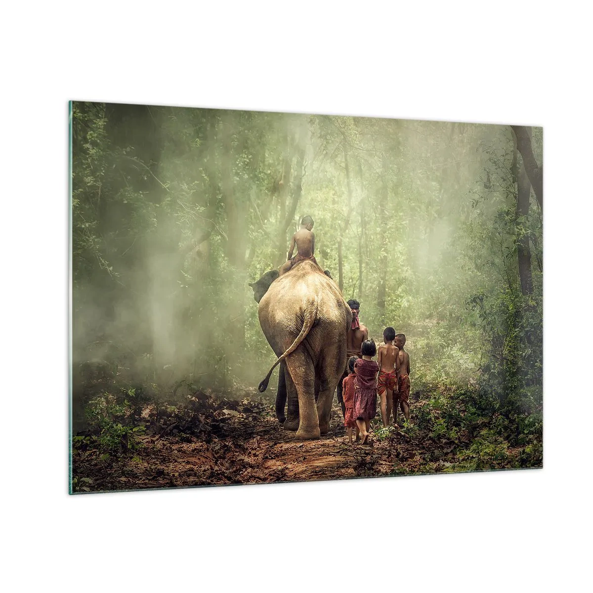 Impression sur verre - Image sur verre - Un éléphant dans la forêt avec des enfants en costumes traditionnels - 100x70cm - Nouveau livre de la jungle - Décoration murale moderne pour le salon et la chambre ARTTOR