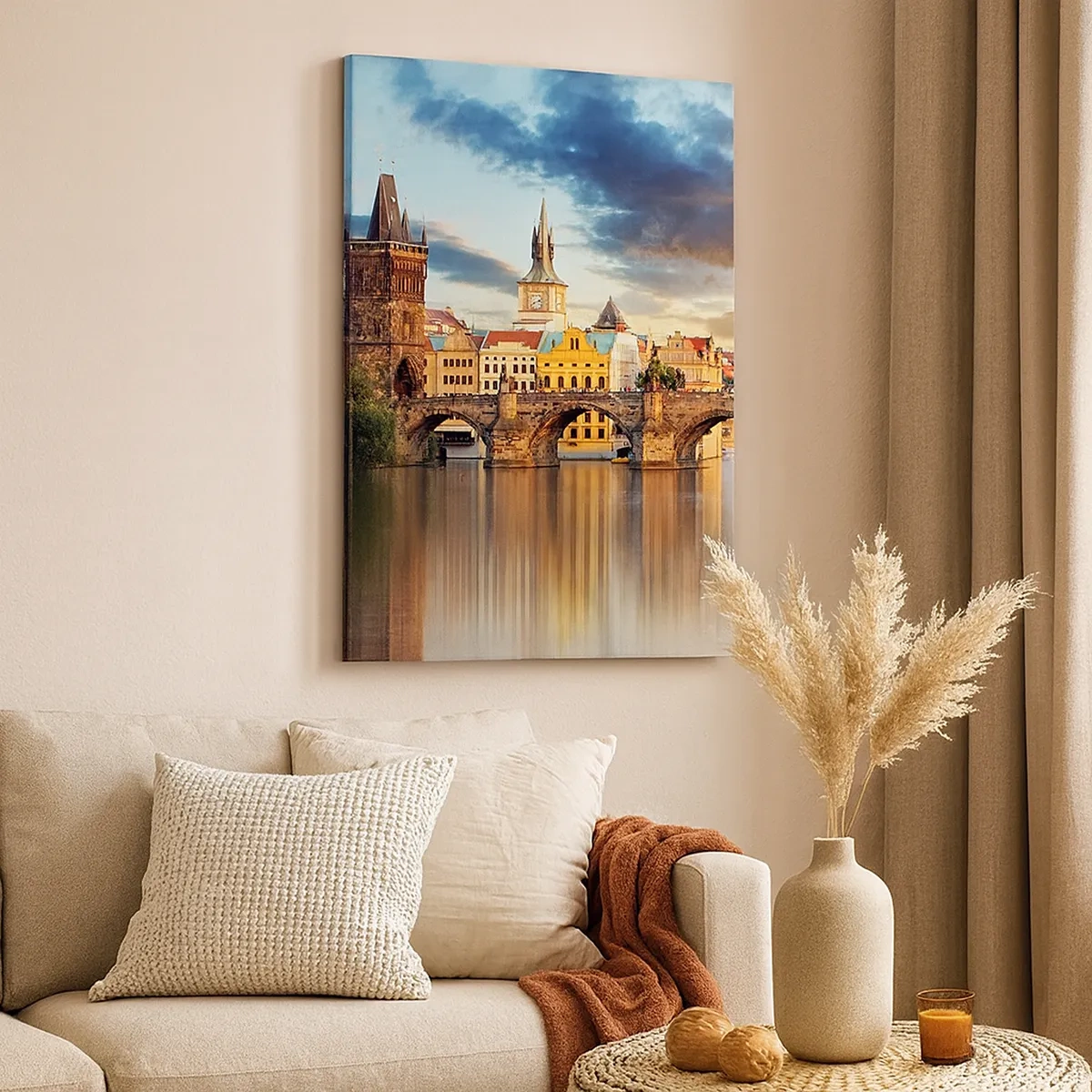 Impression sur toile - Image sur toile - Le pont historique sur la rivière à la lumière du soleil couchant - 50x70cm - Belle depuis des lustres - Décoration murale moderne pour le salon et la chambre ARTTOR