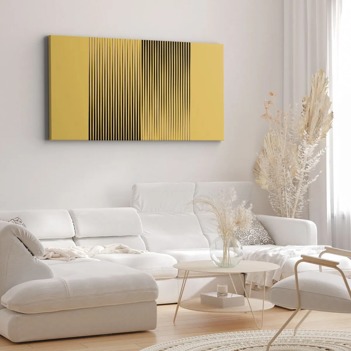 Impression sur toile - Image sur toile - Lignes noires verticales sur fond jaune - 140x50cm - Cadre opposé - Décoration murale moderne pour le salon et la chambre ARTTOR
