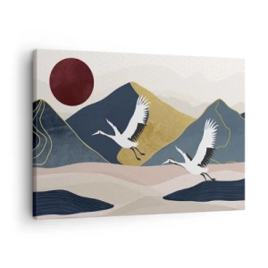 Impression sur toile - Image sur toile - Grues en vol sur fond de montagnes et de soleil rouge - 70x50cm - Encore une fois, la journée s'est ÉCOULÉE - Décoration murale moderne pour le salon et la chambre ARTTOR