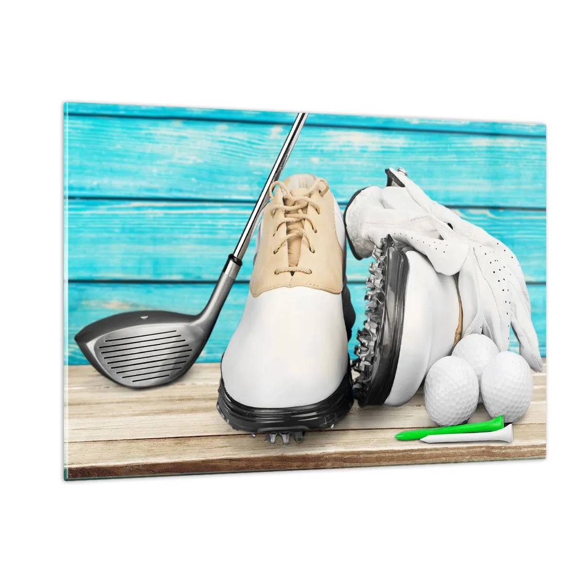 Impression sur verre - Image sur verre - Accessoires de golf sur fond bois - 120x80cm - Tout est prêt - Décoration murale moderne pour le salon et la chambre ARTTOR