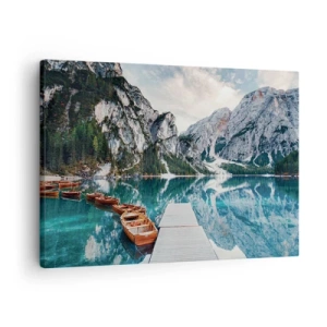 Impression sur toile - Image sur toile - Un lac avec des bateaux entouré de montagnes - 70x50cm - On va te montrer la beauté - Décoration murale moderne pour le salon et la chambre ARTTOR