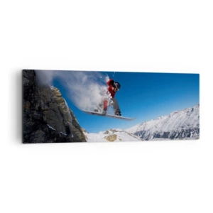 Impression sur toile - Image sur toile - Un snowboarder saute d'un rocher dans un paysage montagneux - 140x50cm - Et tu es devenu une partie de l'espace - Décoration murale moderne pour le salon et la chambre ARTTOR