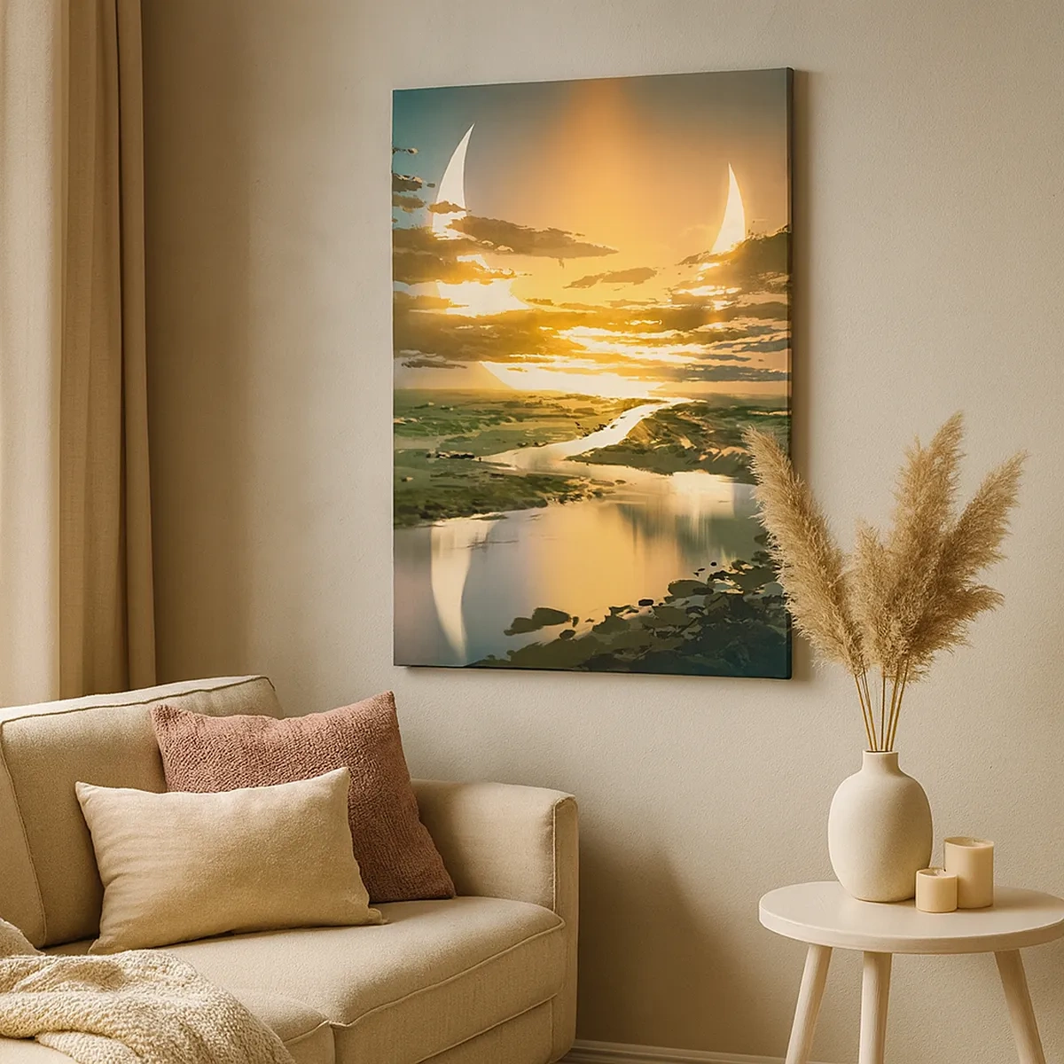Impression sur toile - Image sur toile - Un paysage fantastique avec deux lunes à l'horizon - 50x70cm - Quelque part dans une galaxie lointaine, très lointaine - Décoration murale moderne pour le salon et la chambre ARTTOR