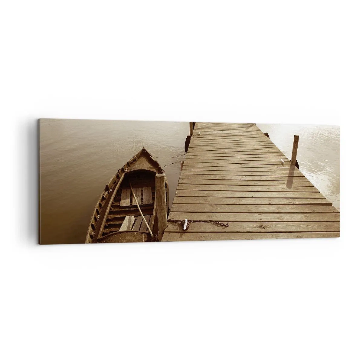 Impression sur toile - Image sur toile - Jetée en bois et bateau sur un lac calme - 140x50cm - Le grand silence - Décoration murale moderne pour le salon et la chambre ARTTOR