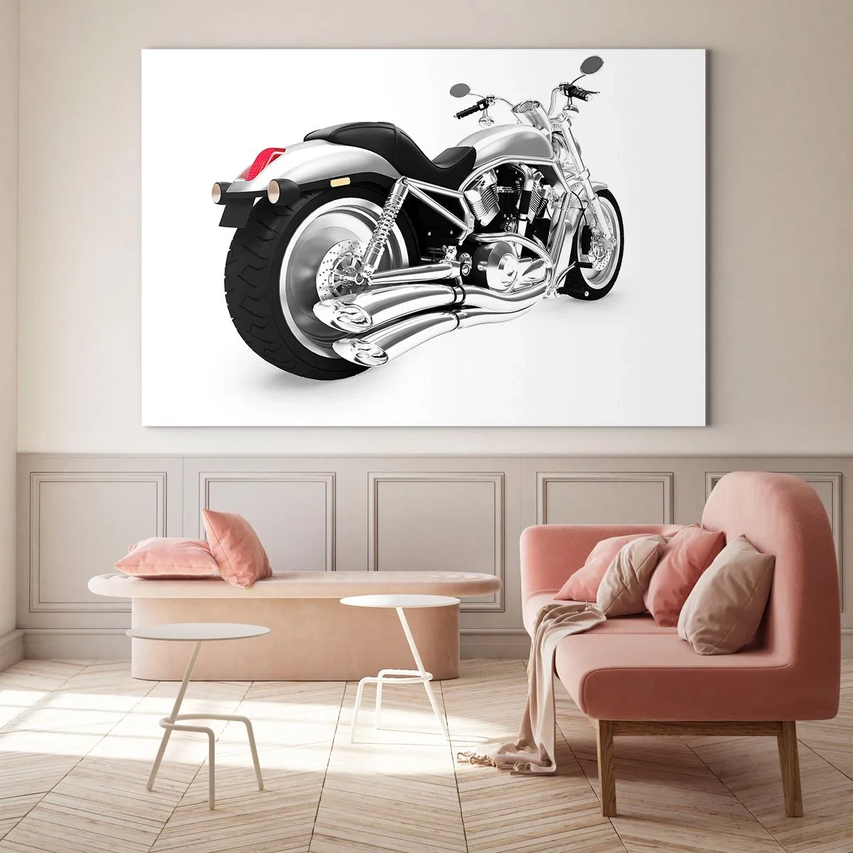 Impression sur verre - Image sur verre - Une moto chromée de style moderne sur fond blanc - 70x50cm - Rêve de collectionneur - Décoration murale moderne pour le salon et la chambre ARTTOR