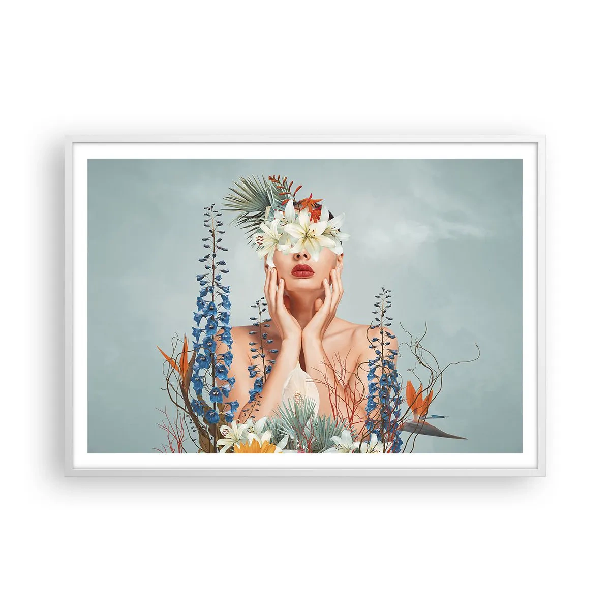 Affiche dans un cadre blanc - Poster - Femme - fleur - 100x70 cm