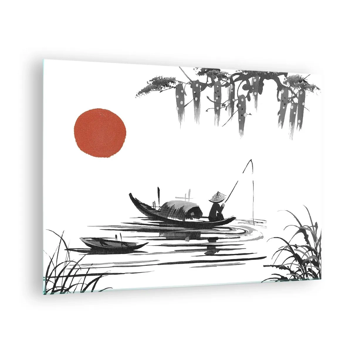 Impression sur verre - Image sur verre - Bateau de pêche traditionnel sur une rivière avec un soleil rouge - 70x50cm - Après-midi asiatique - Décoration murale moderne pour le salon et la chambre ARTTOR