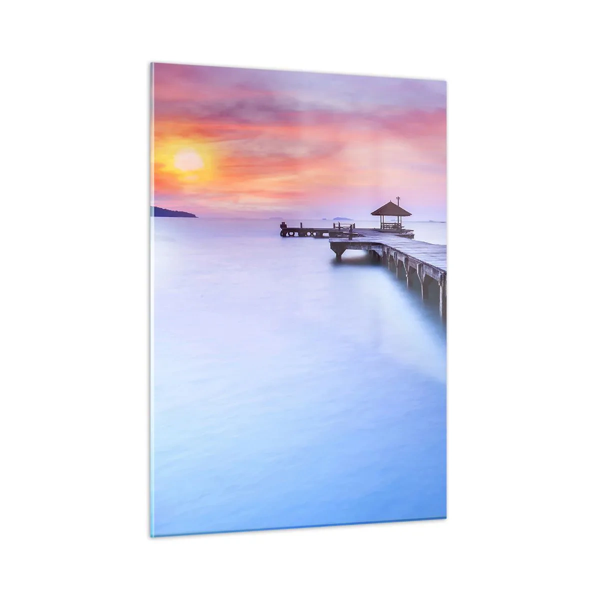 Impression sur verre - Image sur verre - Jetée en bois au lever du soleil sur une eau calme - 50x70cm - Une mer de calme jusqu'à l'horizon - Décoration murale moderne pour le salon et la chambre ARTTOR