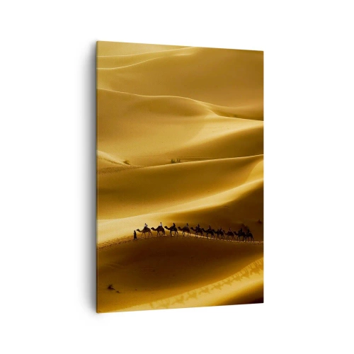 Impression sur toile - Image sur toile - Une caravane de chameaux errant à travers les dunes dorées du désert. - 70x100cm - Caravane sur les vagues du désert - Décoration murale moderne pour le salon et la chambre ARTTOR