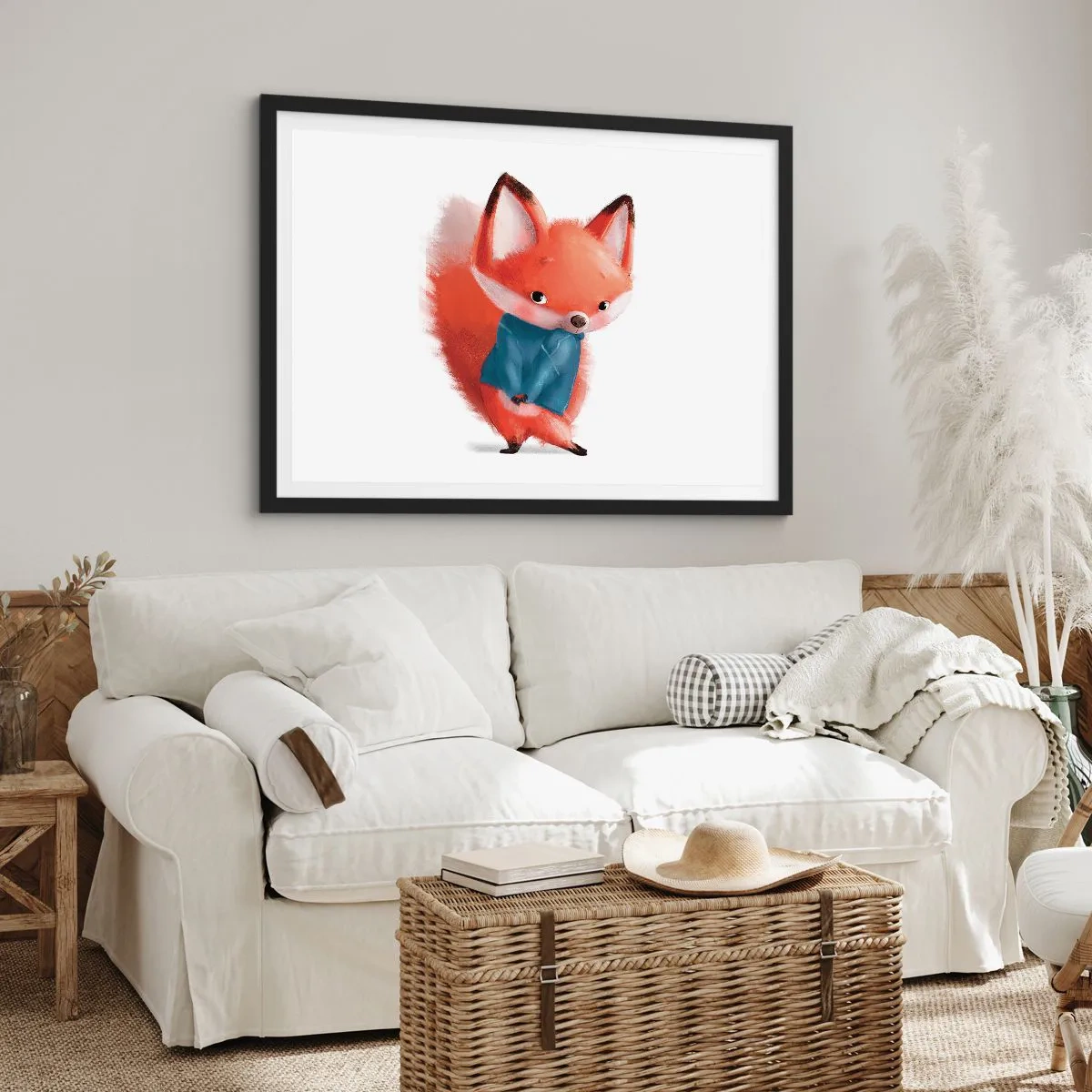 Affiche dans un cadre noir - Poster - Un renard mignon dans un costume bleu - 70x50cm - Est-ce que ça me va? - Décoration murale moderne pour le salon et la chambre ARTTOR