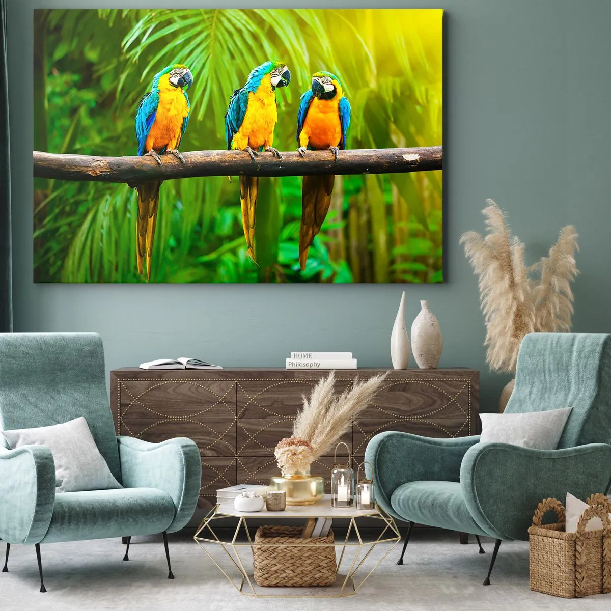Impression sur toile - Image sur toile - Trois perroquets colorés sur fond de verdure tropicale - 120x80cm - Et avez-vous entendu qu'elle ...? - Décoration murale moderne pour le salon et la chambre ARTTOR