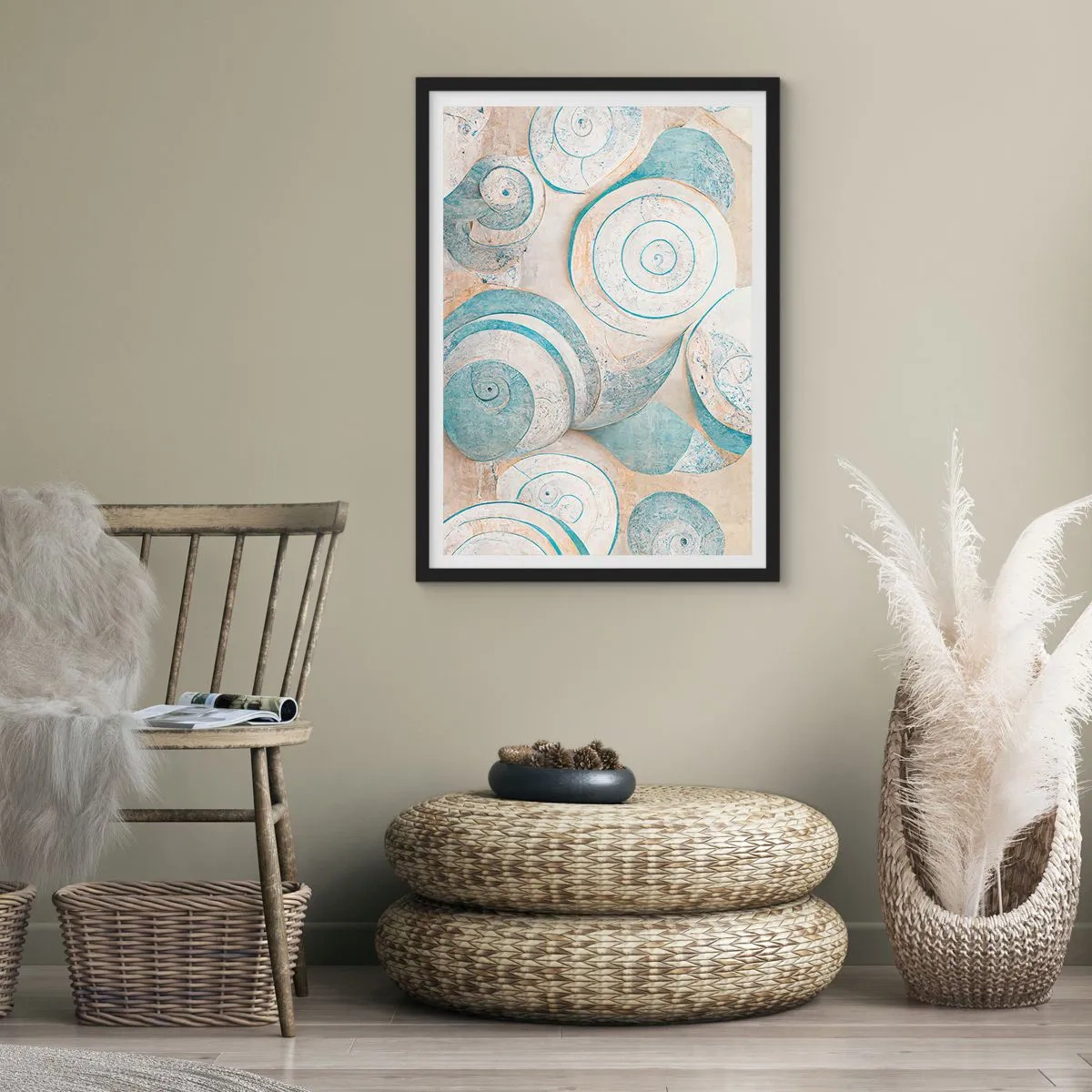 Affiche dans un cadre noir - Poster - Spirales abstraites dans les tons de bleu et de beige - 50x70cm - Que cache la coque ? - Décoration murale moderne pour le salon et la chambre ARTTOR