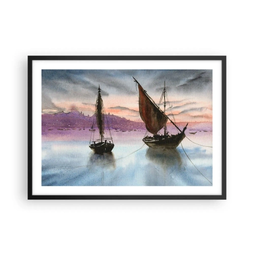 Affiche dans un cadre noir - Poster - Deux voiliers amarrés sur une eau calme au crépuscule - 70x50cm - Soirée au port - Décoration murale moderne pour le salon et la chambre ARTTOR