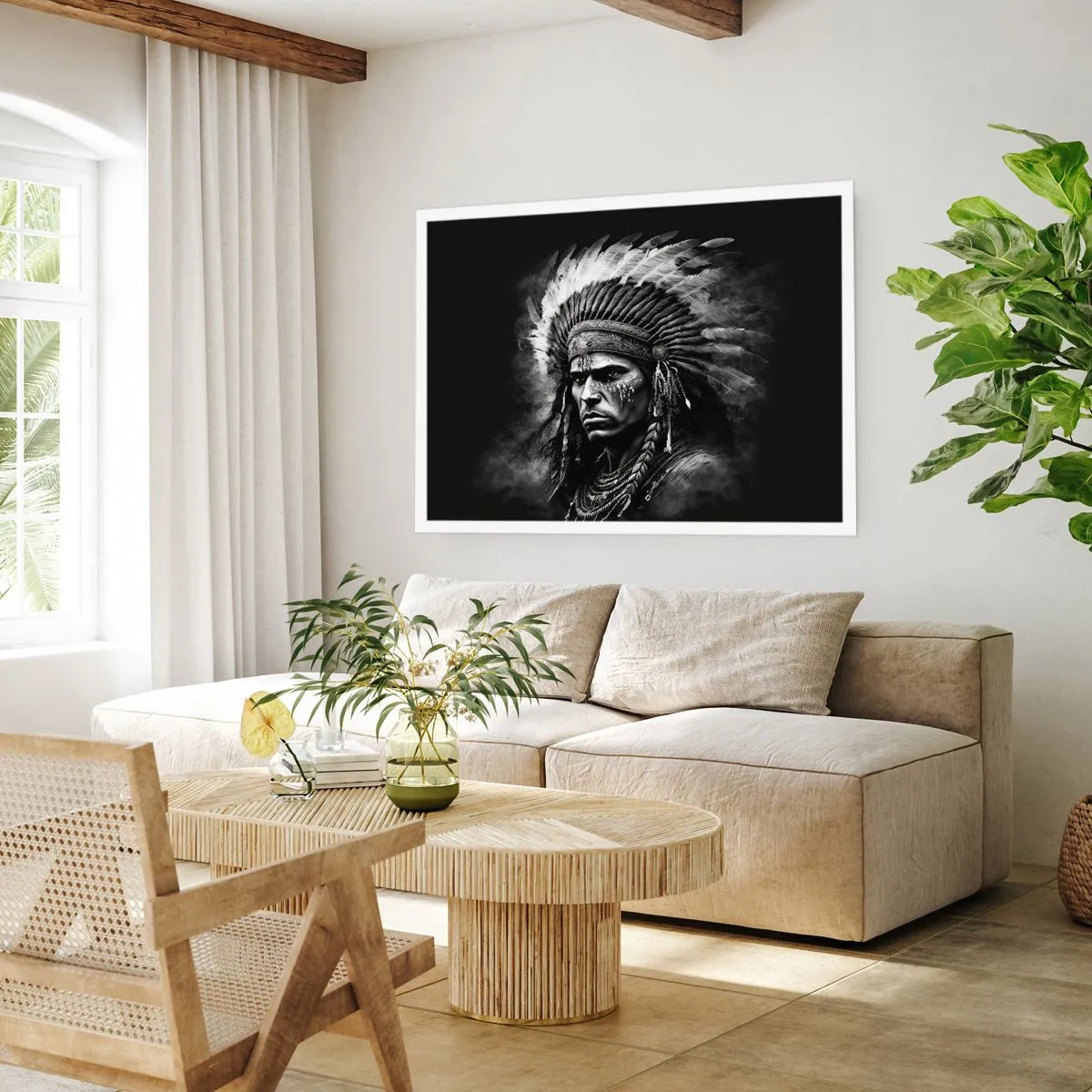 Affiche - Poster - Portrait d'un chef portant une coiffe à plumes sur fond noir - 100x70cm - Un leader et un guerrier - Décoration murale moderne pour le salon et la chambre ARTTOR