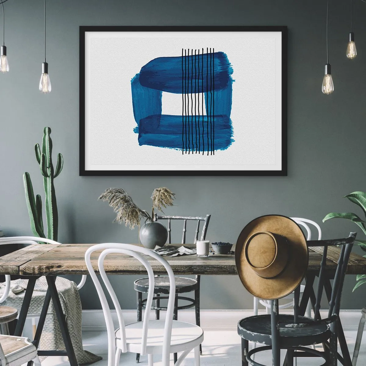 Affiche dans un cadre noir - Poster - Motif abstrait dans des tons de bleu avec des lignes noires - 100x70cm - Composition noire-bleue - Décoration murale moderne pour le salon et la chambre ARTTOR