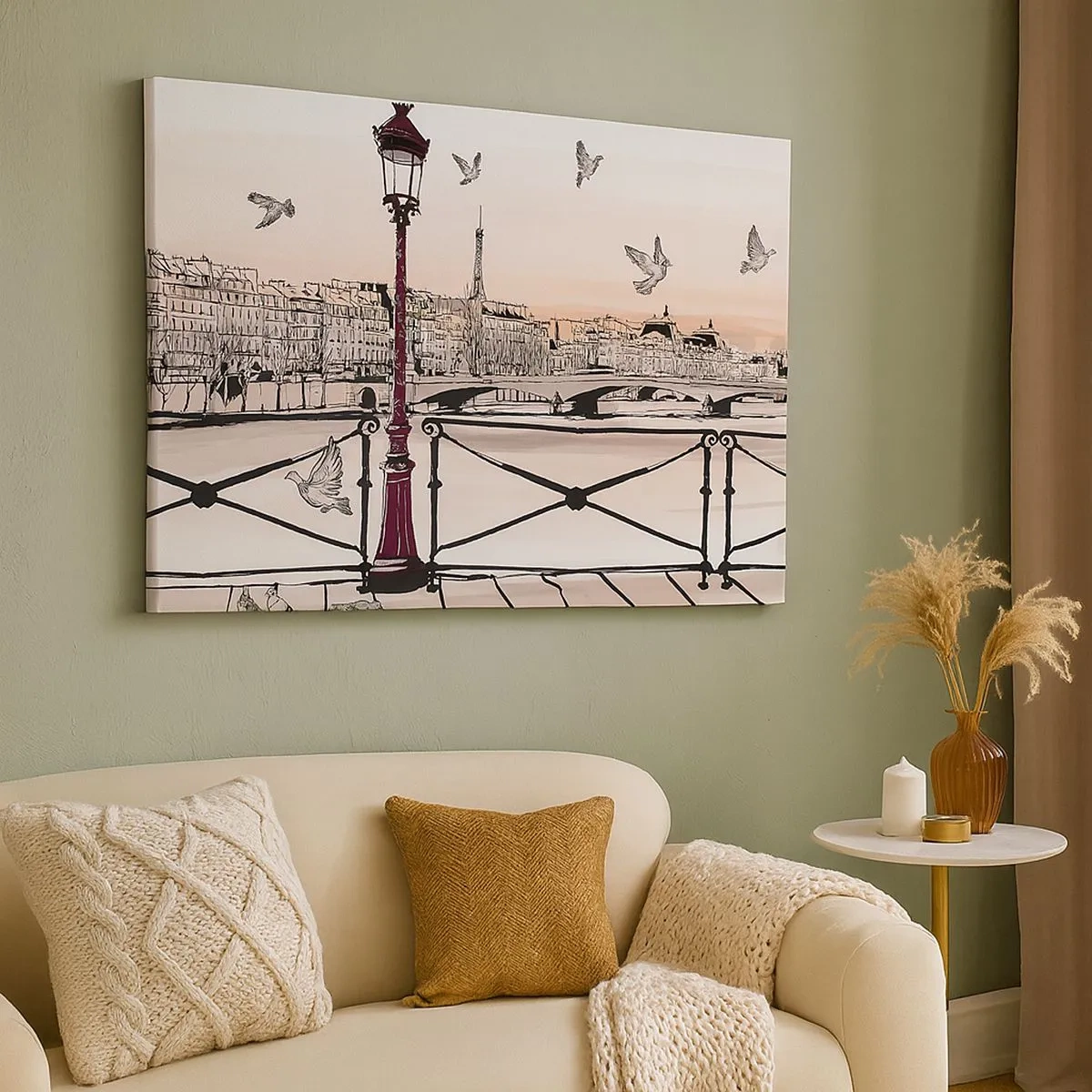 Impression sur toile - Image sur toile - Vue parisienne avec une lanterne et un pont - 70x50cm - Sur les toits de Paris - Décoration murale moderne pour le salon et la chambre ARTTOR