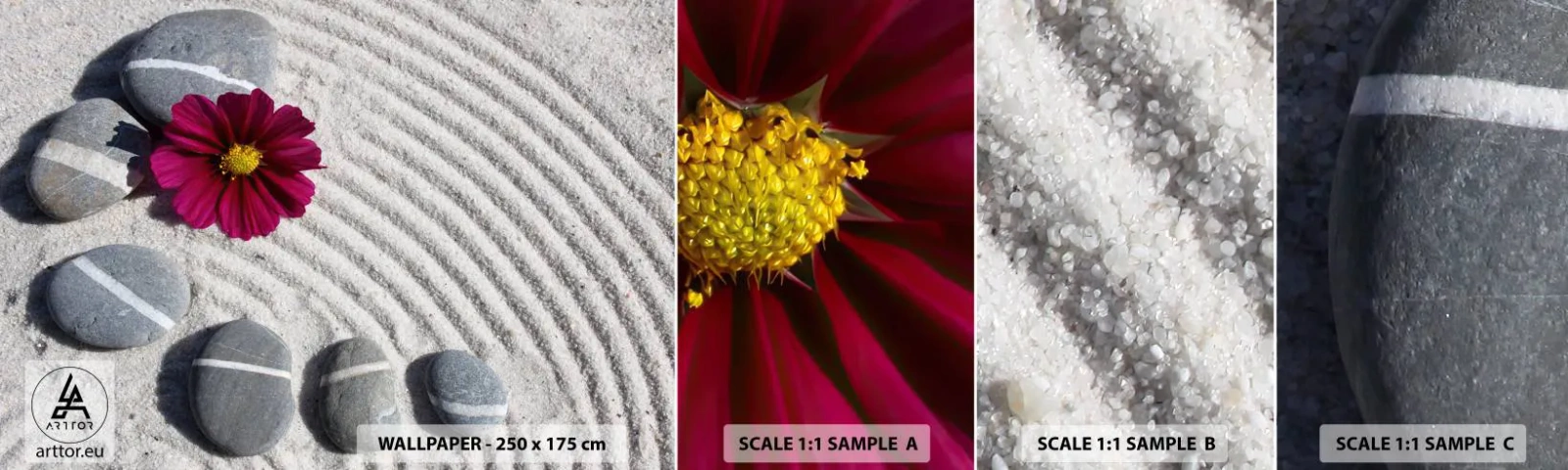 Échantillon de Papier Peint Autocollant Deluxe Sticker - Énergie et paix du cercle magique de la nature - Fleurs, Sable, Des pierres - 100x30 cm