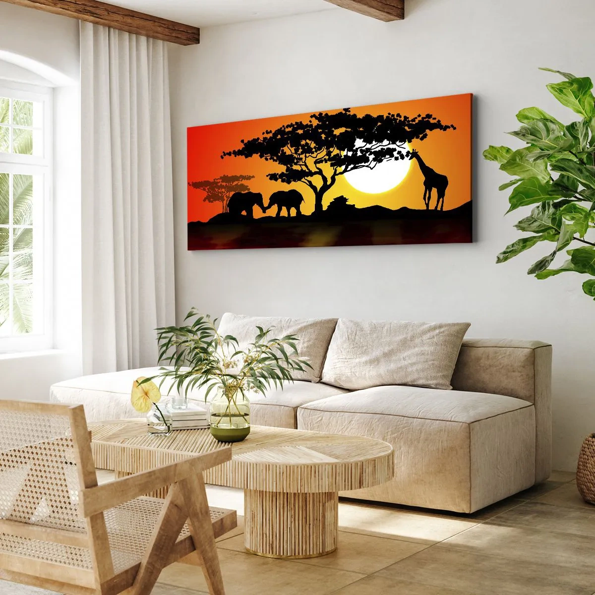 Impression sur toile - Image sur toile - Coucher de soleil africain avec des silhouettes d'éléphants et de girafes au-dessus de l'eau - 160x50cm - Rencontre dans la savane - Décoration murale moderne pour le salon et la chambre ARTTOR