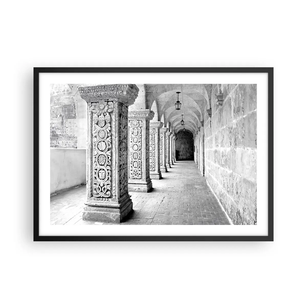 Affiche dans un cadre noir - Poster - Colonnes historiques dans une prise de vue monochrome - 70x50cm - Où cela mène-t-il…? - Décoration murale moderne pour le salon et la chambre ARTTOR
