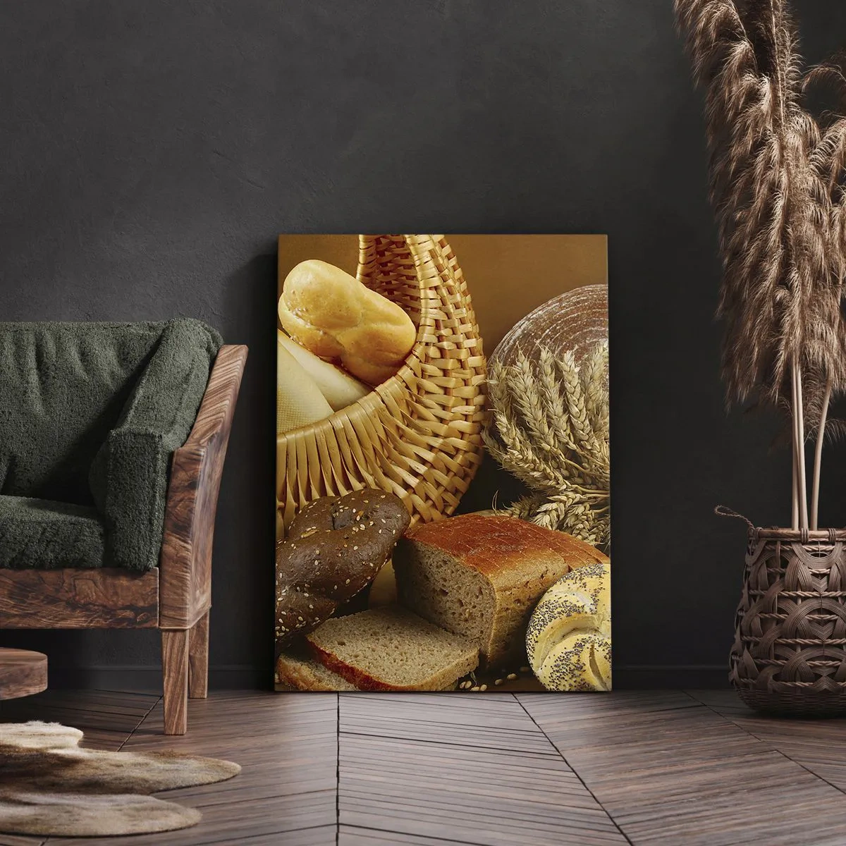Impression sur toile - Image sur toile - Différents pains dans un panier en osier sur fond doré - 50x70cm - On s'en est encore sorti - Décoration murale moderne pour le salon et la chambre ARTTOR