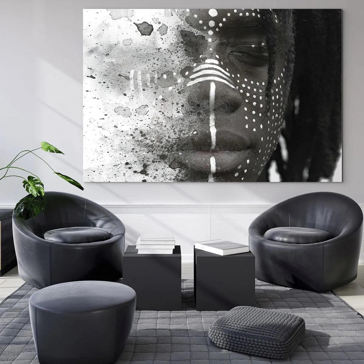 Impression sur verre - Image sur verre - Portrait aux motifs ethniques en noir et blanc avec un effet aquarelle - 70x50cm - Découvrez l'esprit primal - Décoration murale moderne pour le salon et la chambre ARTTOR
