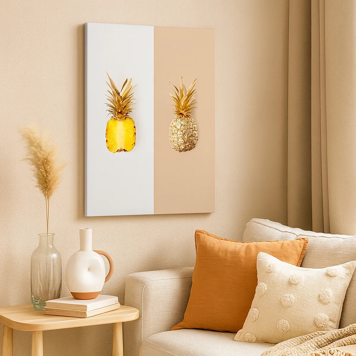Impression sur toile - Image sur toile - La moitié d'un ananas frais et doré sur un fond contrasté - 50x70cm - Ananas pour nous - Décoration murale moderne pour le salon et la chambre ARTTOR