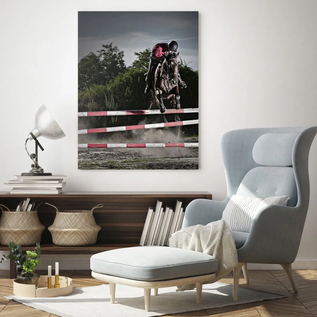 Impression sur verre - Image sur verre - Un cavalier sur un cheval sautant par-dessus un obstacle sur une piste de course - 70x100cm - Ensemble pour la victoire - Décoration murale moderne pour le salon et la chambre ARTTOR