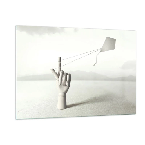 Impression sur verre - Image sur verre - Une main en bois tenant un cerf-volant flottant sur son doigt - 120x80cm - Épreuve de force - Décoration murale moderne pour le salon et la chambre ARTTOR