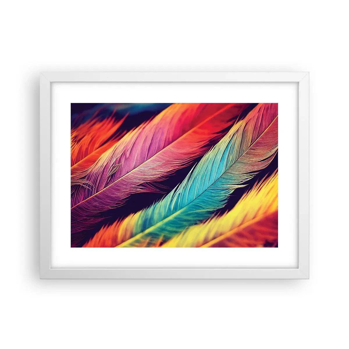 Affiche dans un cadre blanc - Poster - Arc-en-ciel de plumes - 40x30 cm