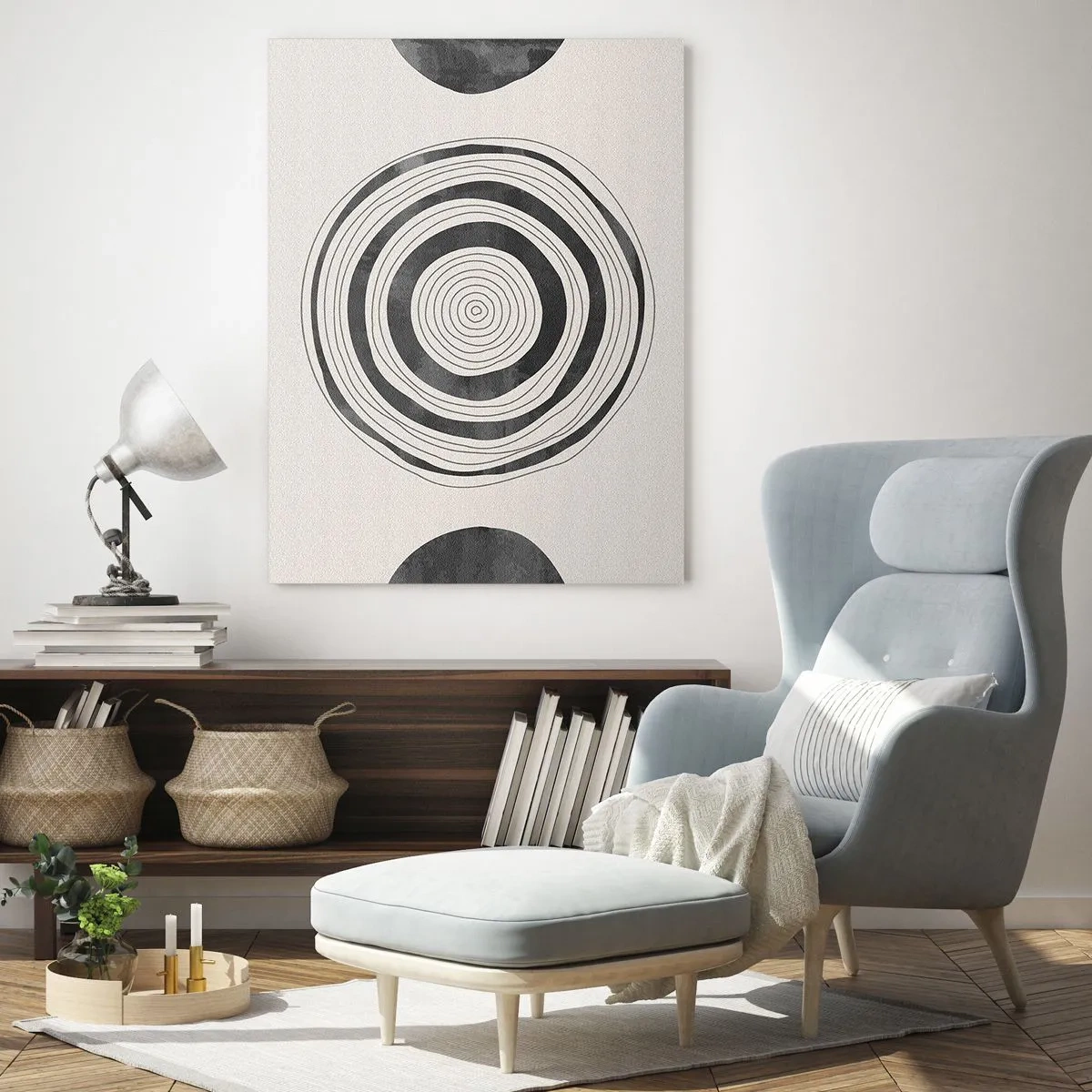 Impression sur verre - Image sur verre - Cercles minimalistes noirs et blancs sur fond clair - 80x120cm - Ce qui est important c'est ce qu'il y a entre les deux - Décoration murale moderne pour le salon et la chambre ARTTOR